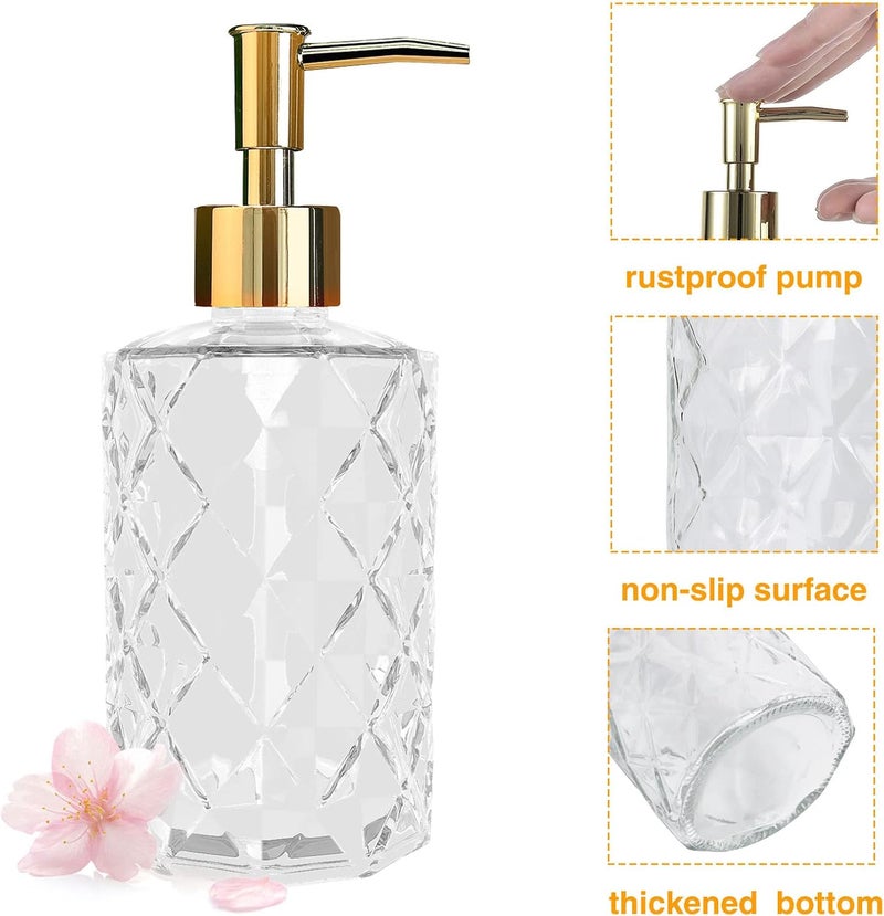 Ulable Clear Glass Soap Dispenser with Gold Plastic Pump, 2 Pack 12oz Diamond Hand Soap Dispenser, Refillable Lotion Dispenser & Dish Bathroom Dispenser for Liquid, Shower Gel - Image 3